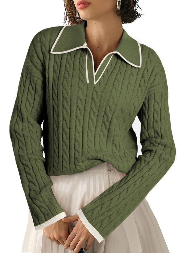 EVALESS Chic Knit Polo: Women’s Long Sleeve Sweater with Cable Pattern and Slender V-Neck - Jungle Green